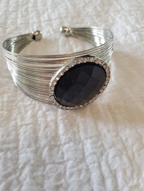Silve-tonedr Multi-Strand Bracelet with Black Faceted Center and Crystal Halo